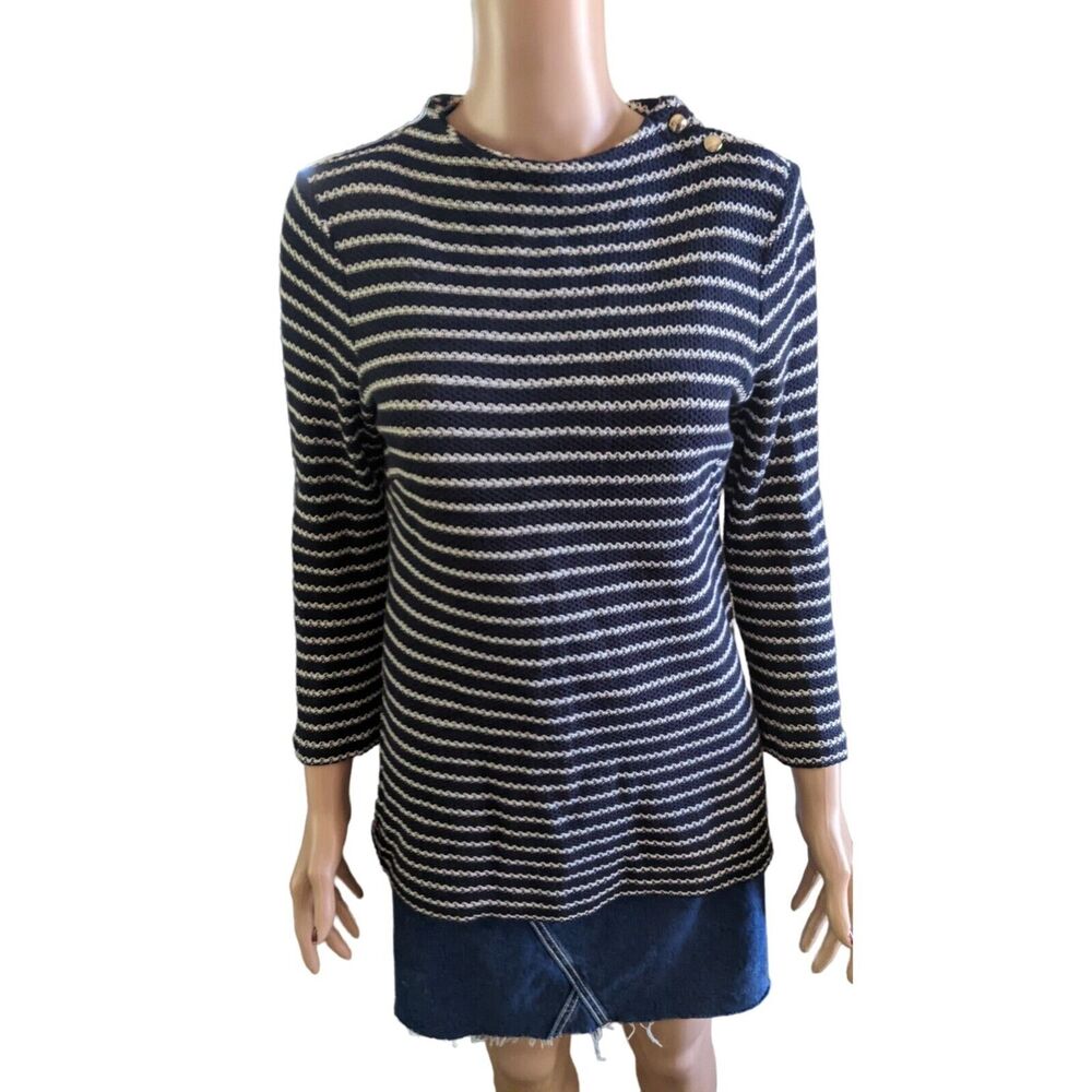 Talbots Women’s M Navy White Striped Cotton Sweater Gold Button Nautical Preppy